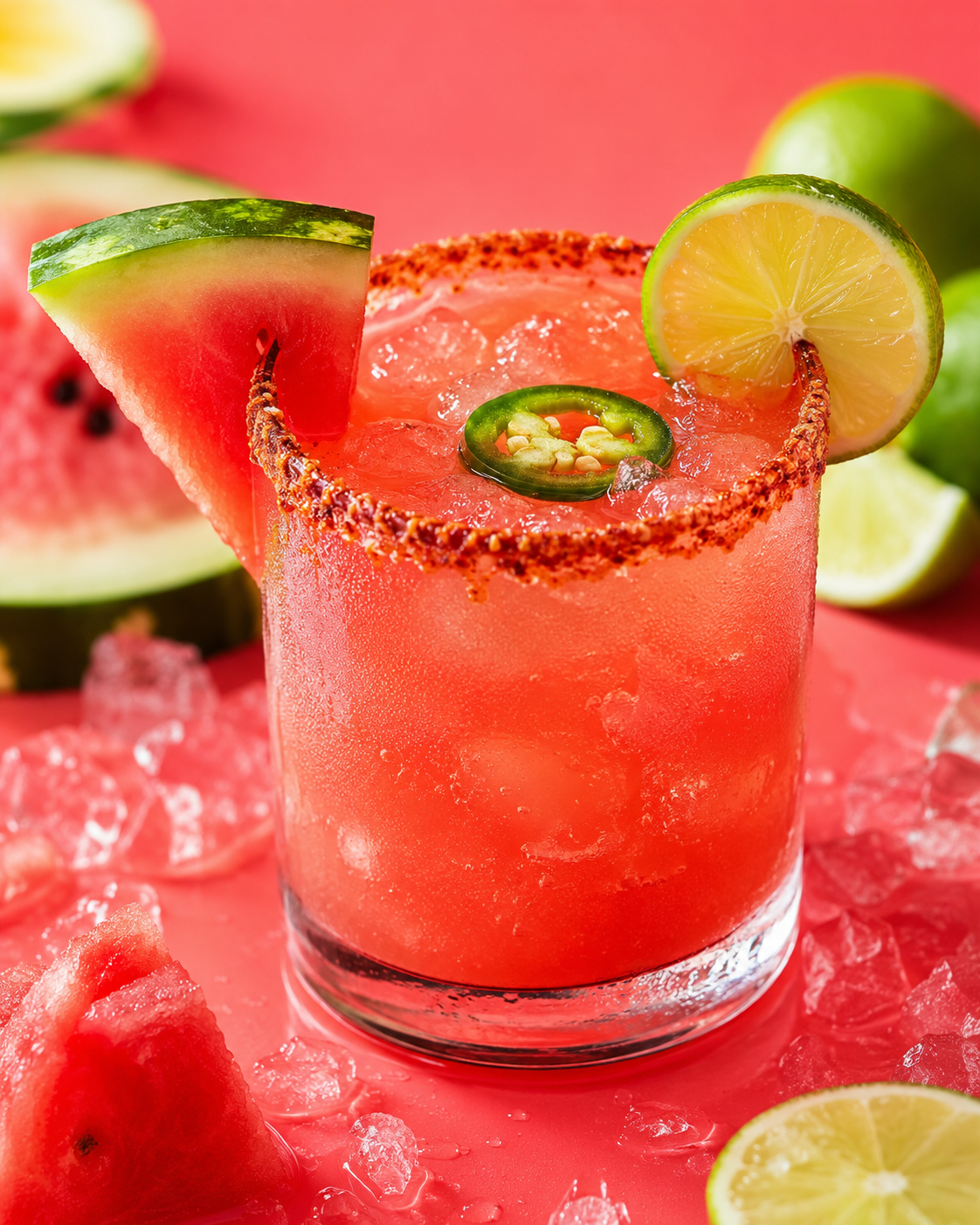 Spicy watermelon margarita mocktail with a chili-salt rim and jalapeno slice